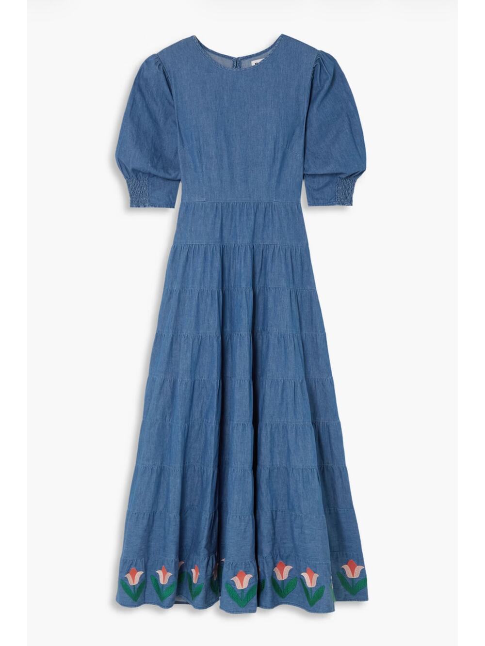 RIXO Kristen Embroidered Chambray Denim Maxi Dress Floral Hem Size S / US 6